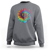 Men's autism sweatshirt, heather gray, with rainbow sunflower and text graphic 'This Fight Is My Fight'.