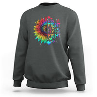 Men's autism sweatshirt, charcoal gray, with rainbow sunflower and text graphic 'This Fight Is My Fight'.