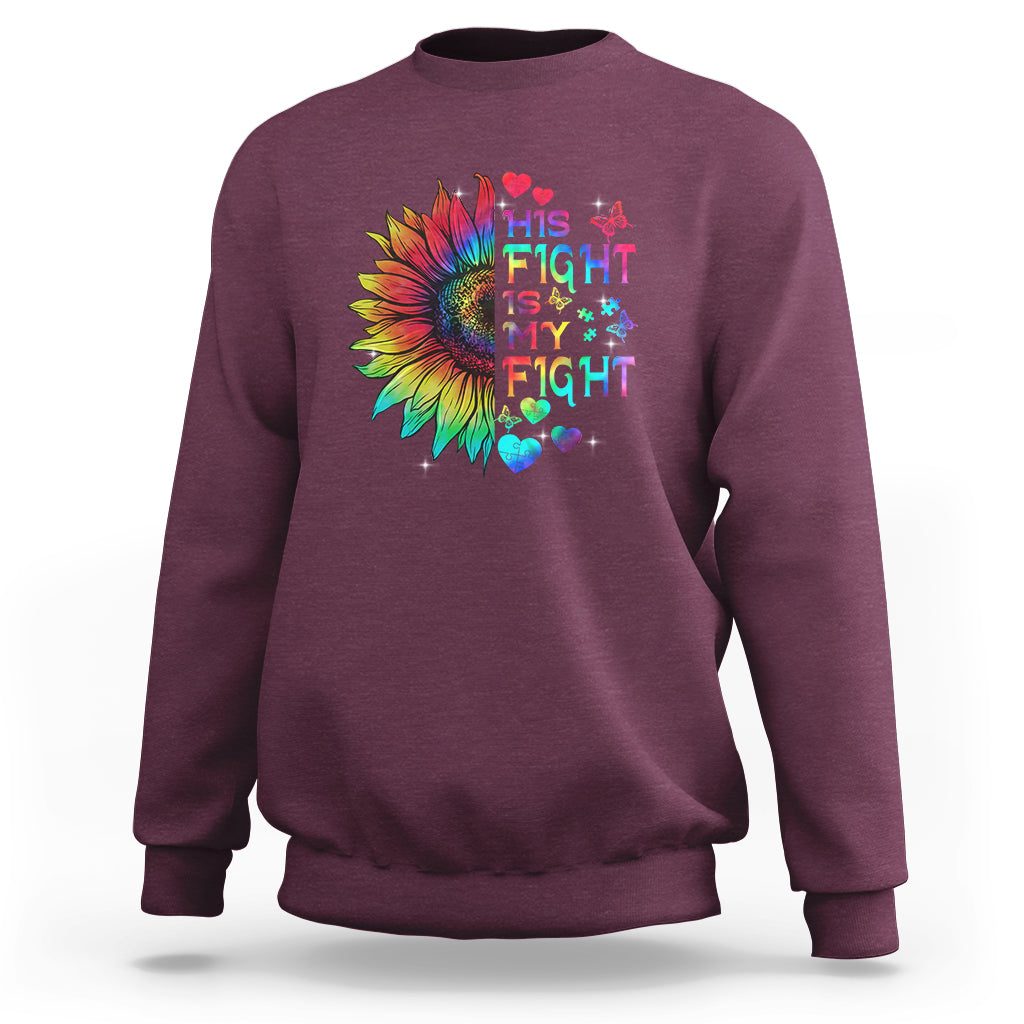 Men's autism sweatshirt, maroon, with rainbow sunflower and text graphic 'This Fight Is My Fight'.