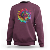 Men's autism sweatshirt, maroon, with rainbow sunflower and text graphic 'This Fight Is My Fight'.