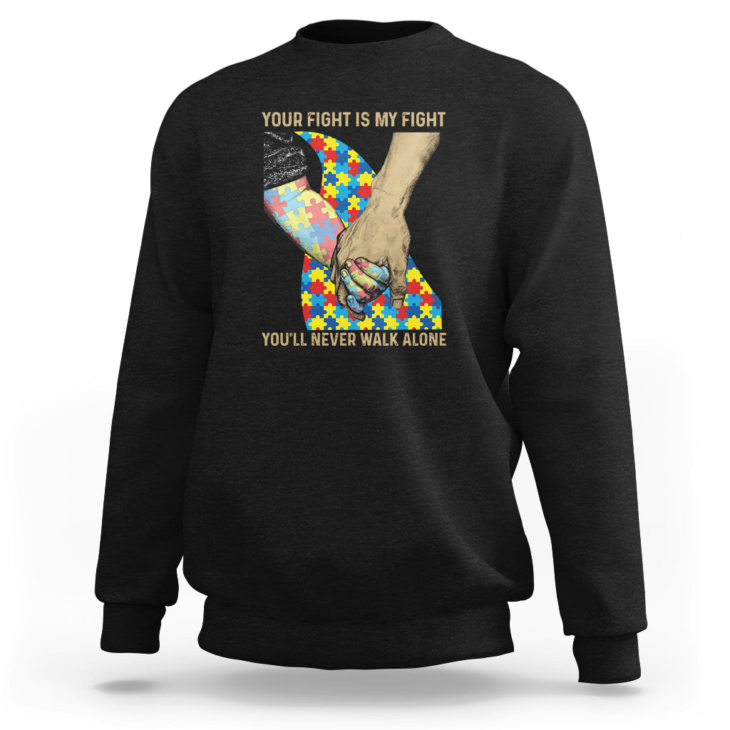 Black crewneck sweatshirt, autism puzzle heart graphic with support slogans