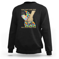 Black crewneck sweatshirt, autism puzzle heart graphic with support slogans