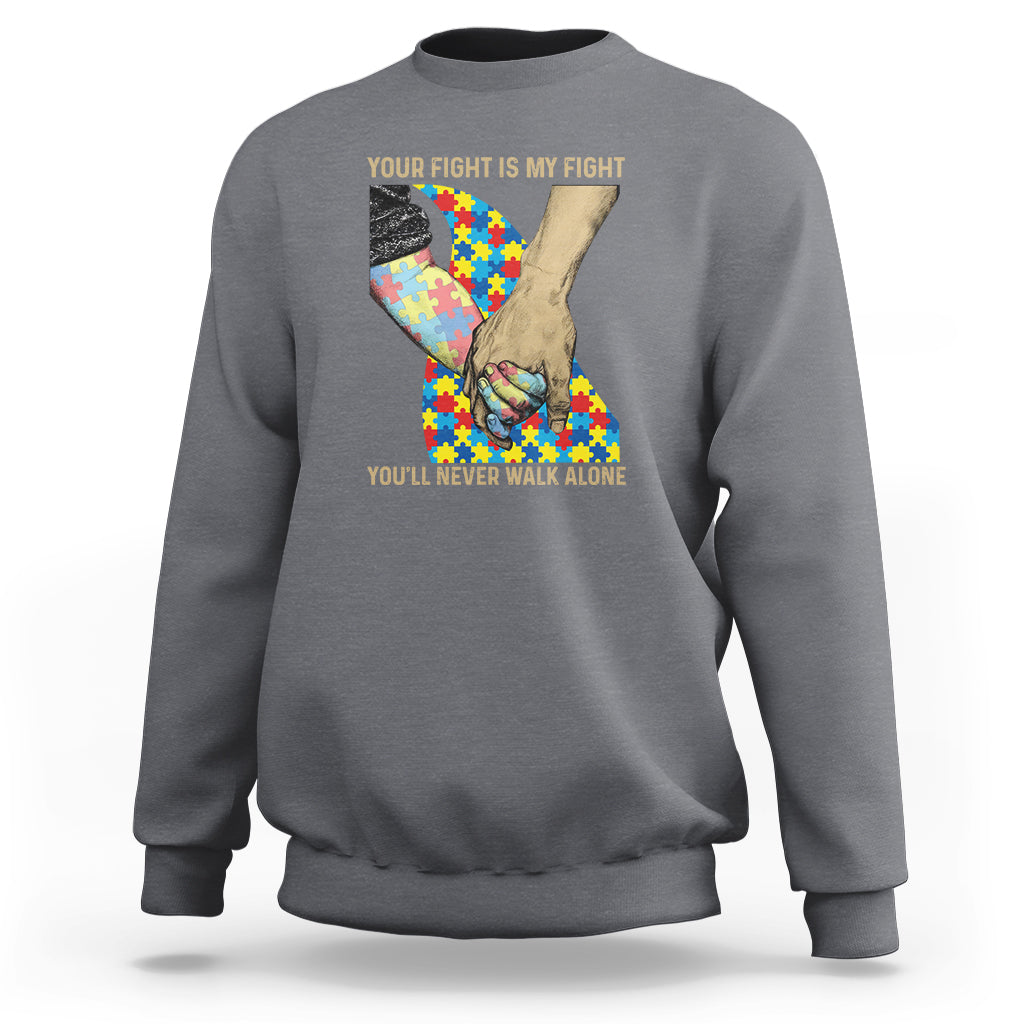 Charcoal gray crewneck sweatshirt, autism puzzle heart graphic with support slogans