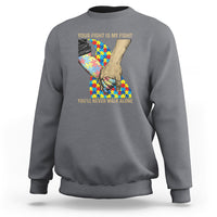 Charcoal gray crewneck sweatshirt, autism puzzle heart graphic with support slogans