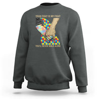 Dark heather gray crewneck sweatshirt, autism puzzle heart graphic with support slogans