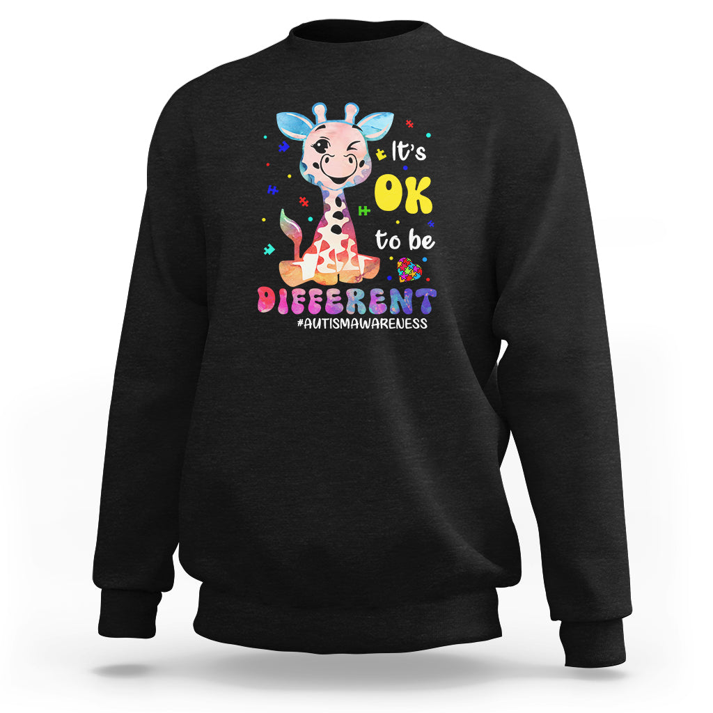 Black autism giraffe sweatshirt with “It’s OK to be different” graphic