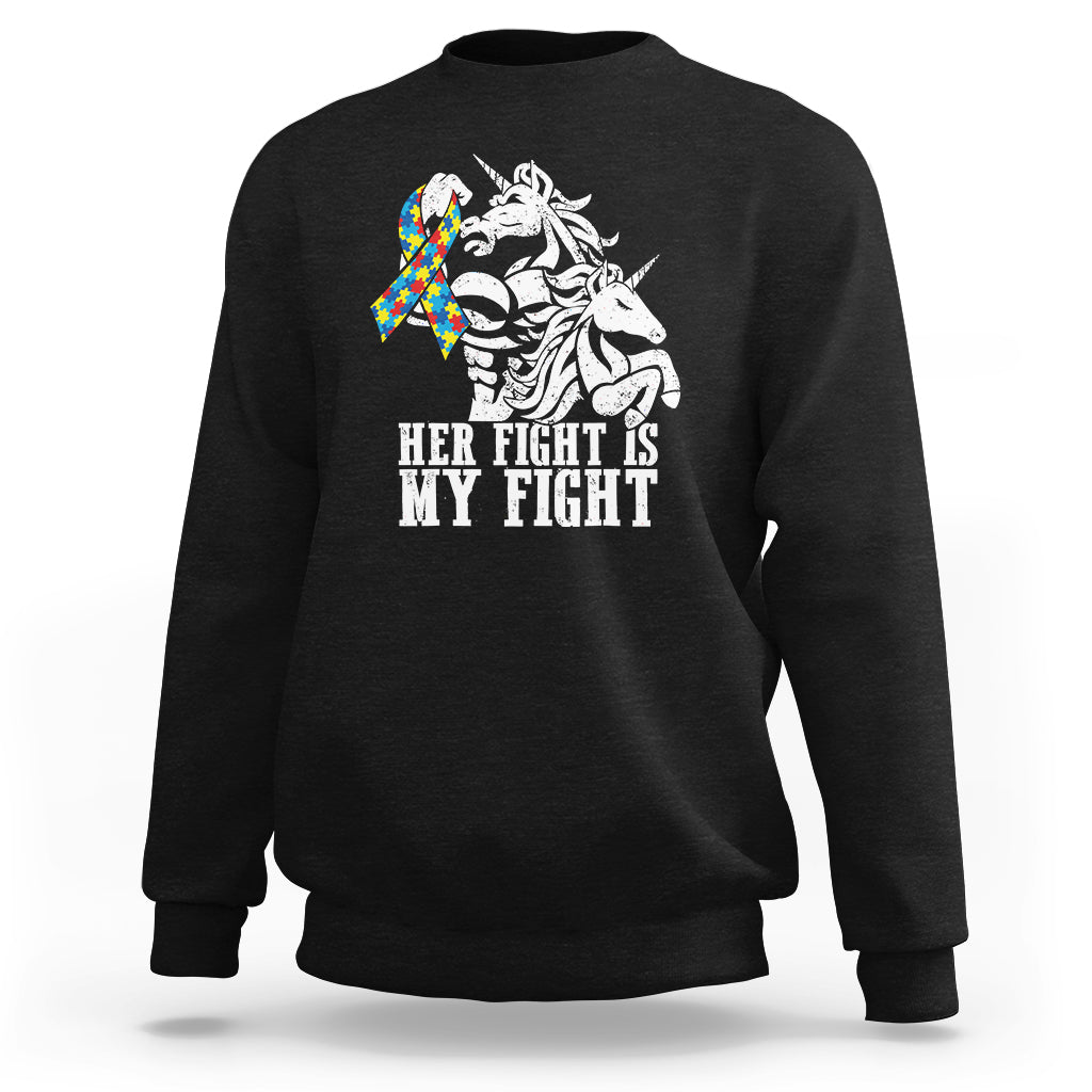 Black unicorn dad sweatshirt with ribbon and “Her Fight Is My Fight” graphic