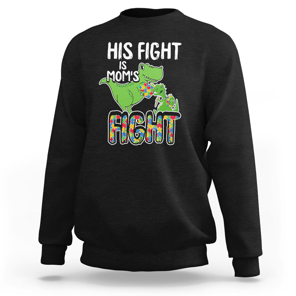 Black crewneck sweatshirt with dinosaur graphic and “His fight is mom’s fight” slogan (back)