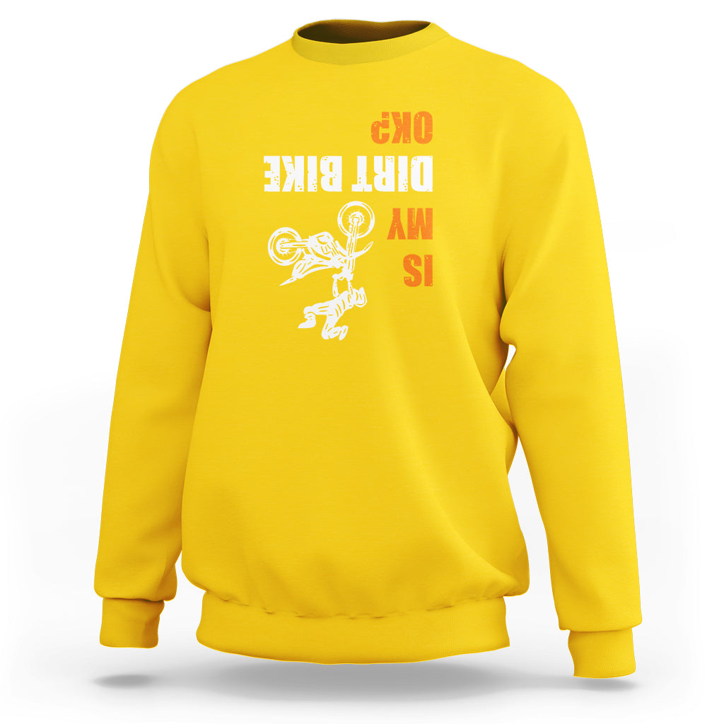 Daisy yellow biker sweatshirt with upside-down dirt bike graphic and bold text print