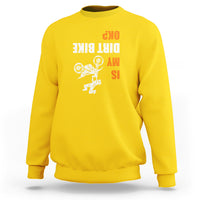 Daisy yellow biker sweatshirt with upside-down dirt bike graphic and bold text print