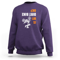 Purple biker sweatshirt with upside-down dirt bike graphic and bold text print