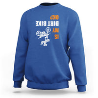 Royal blue biker sweatshirt with upside-down dirt bike graphic and bold text print