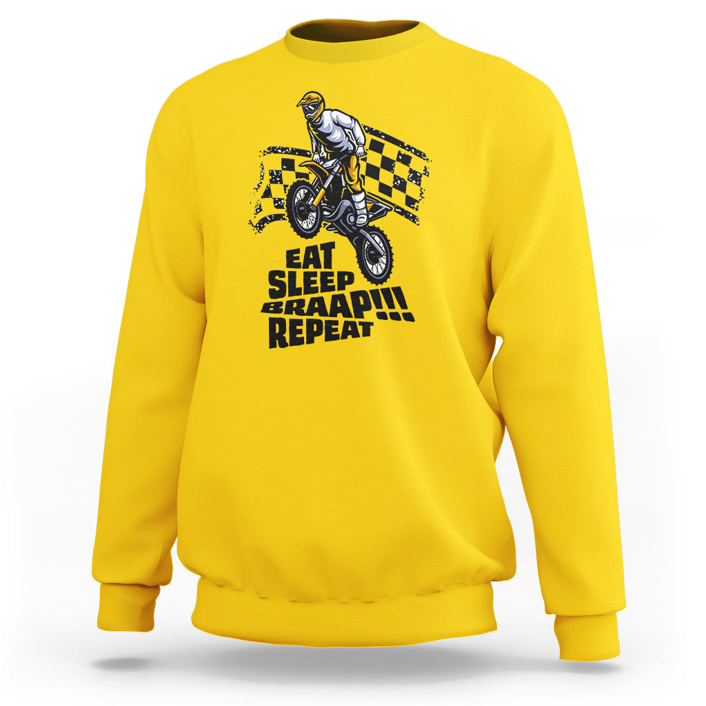 Daisy yellow dirtbike sweatshirt with front rider graphic and “EAT SLEEP BRAAP REPEAT” text.
