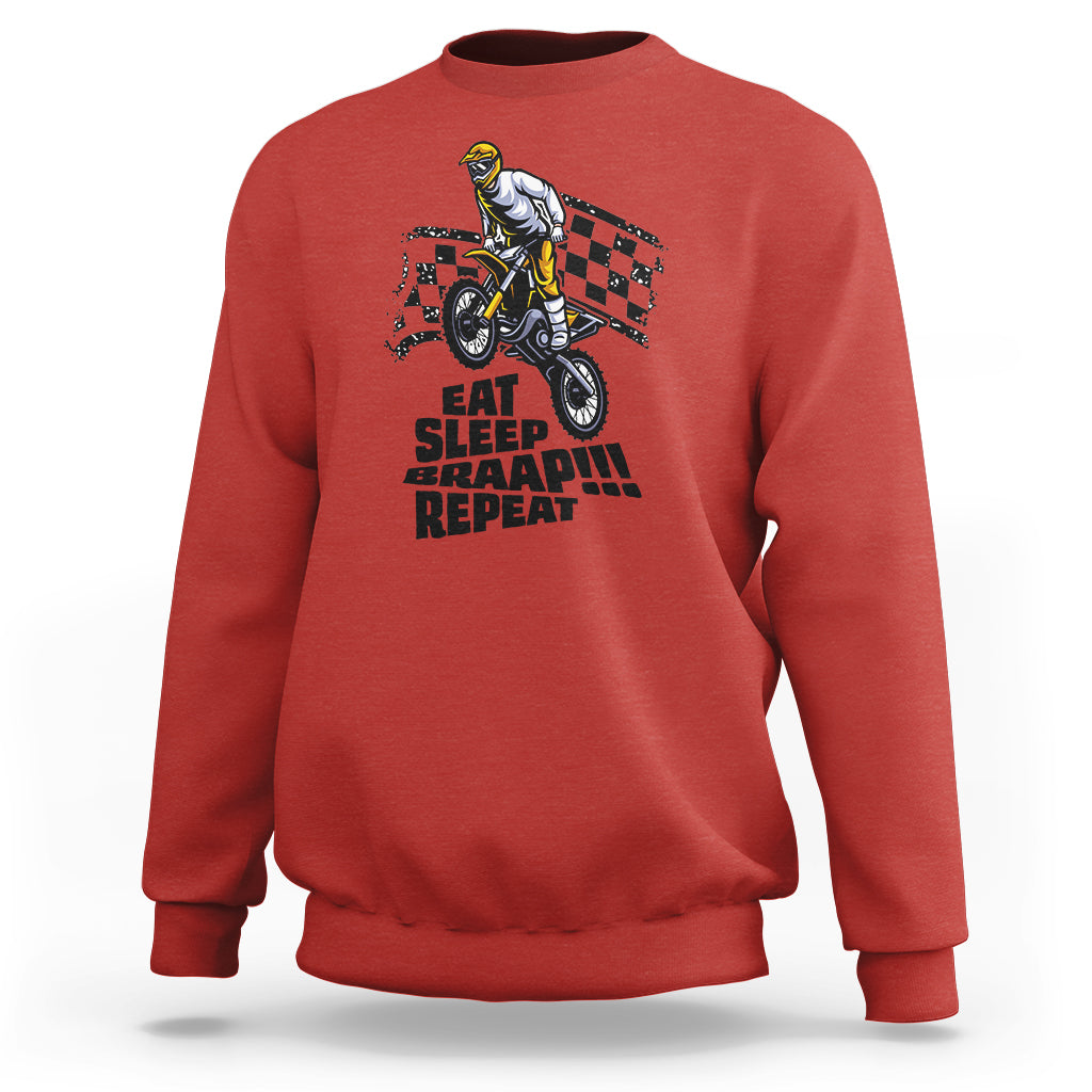 Red dirtbike sweatshirt with front rider graphic and “EAT SLEEP BRAAP REPEAT” text.