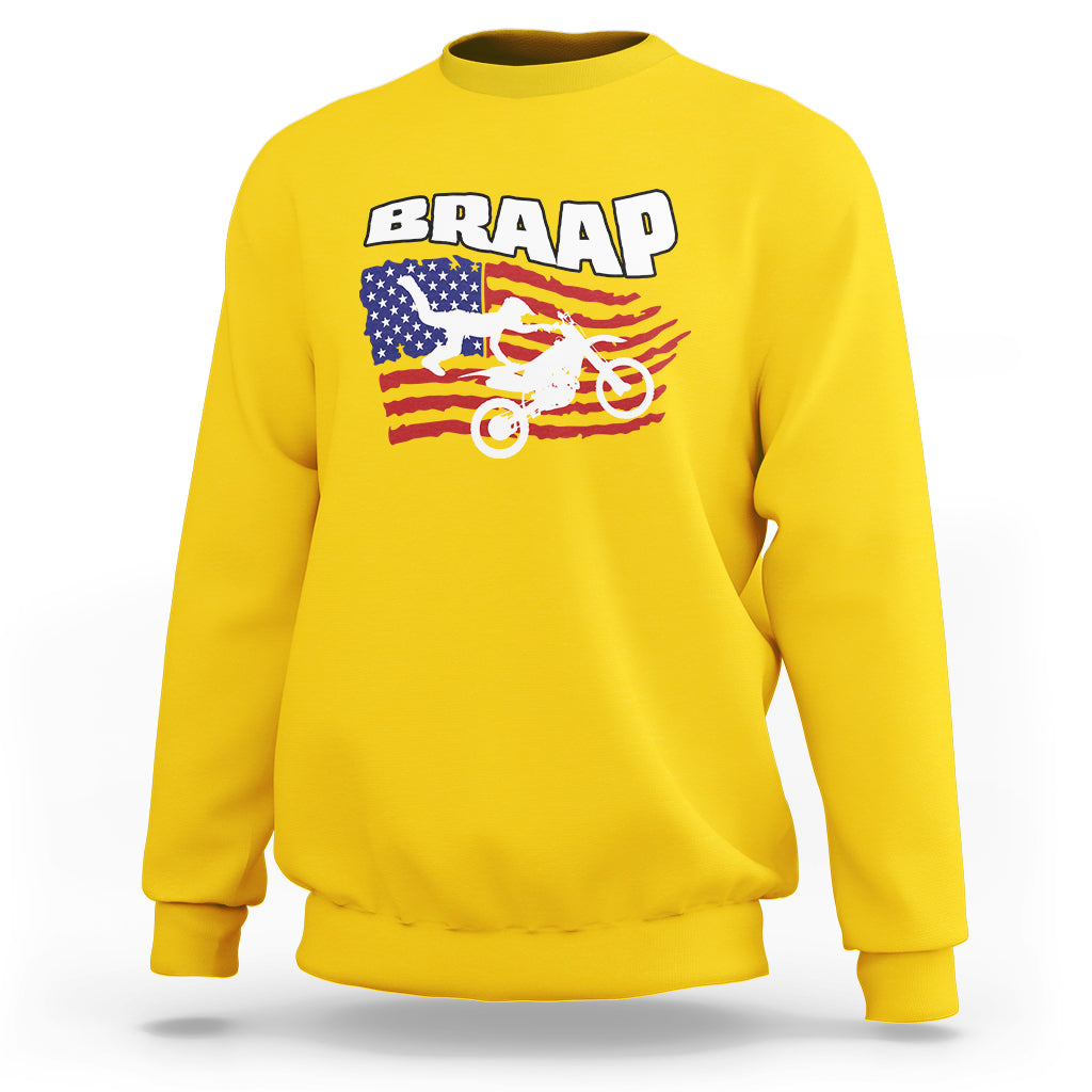 Daisy yellow crewneck sweatshirt with BRAAP American flag rider graphic, long sleeves