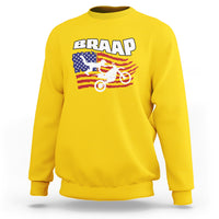 Daisy yellow crewneck sweatshirt with BRAAP American flag rider graphic, long sleeves