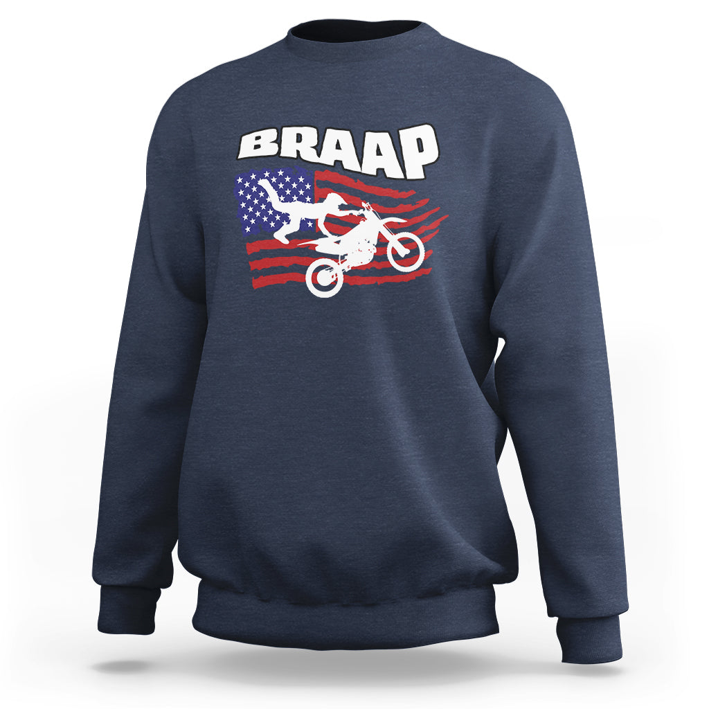 Navy crewneck sweatshirt with BRAAP American flag rider graphic, long sleeves