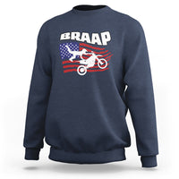 Navy crewneck sweatshirt with BRAAP American flag rider graphic, long sleeves