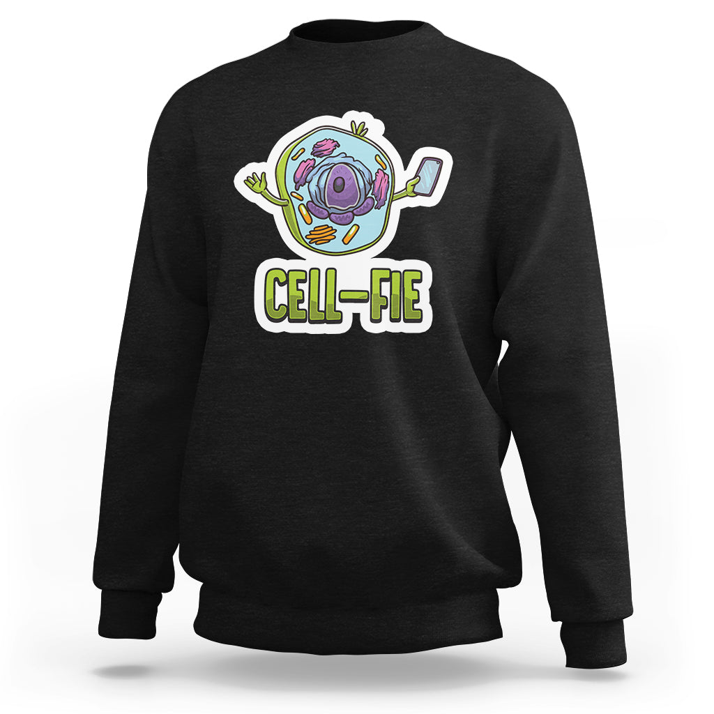 Funny biology sweatshirt in dark heather with colorful cell graphic and CELL-FIE text