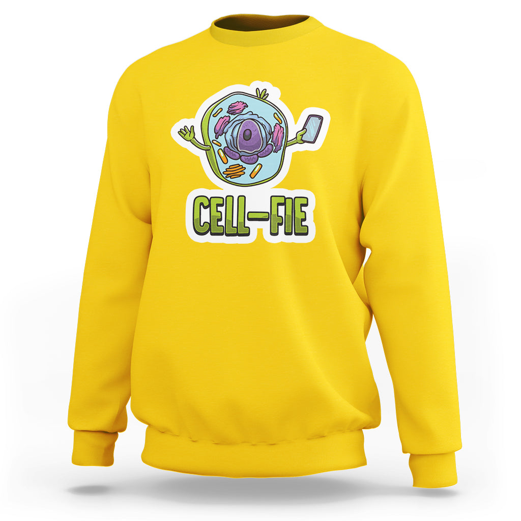 Funny biology sweatshirt in yellow with colorful cell graphic and CELL-FIE text
