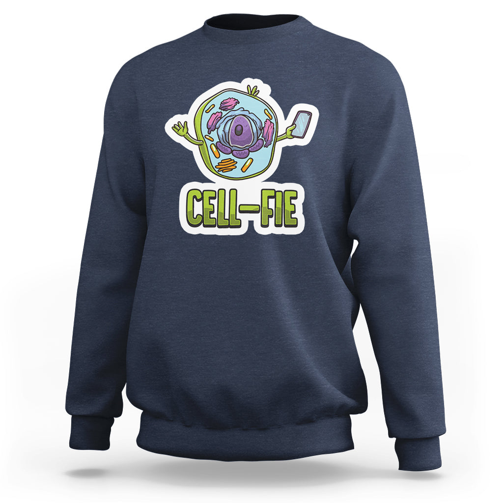 Funny biology sweatshirt in navy heather with colorful cell graphic and CELL-FIE text