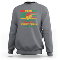 Dark heather gray crewneck sweatshirt with front Juneteenth graphic reading “Breaking Every Chain”
