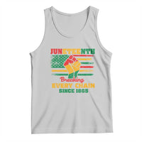 Light gray tank top with Juneteenth flag graphic and 'Breaking Every Chain Since 1865' text