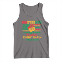 Gray Juneteenth tank top with colorful Breaking Every Chain graphic front