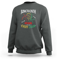 Juneteenth sweatshirt (back) in charcoal gray with colorful “Breaking Every Chain” graphic.