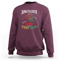 Juneteenth sweatshirt (back) in maroon with colorful “Breaking Every Chain” graphic.