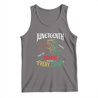 Gray Juneteenth tank top, scoop neck, 'Breaking Every Chain' graphic with raised hands