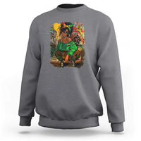 Light gray heather crewneck sweatshirt with long sleeves and colorful front graphic print