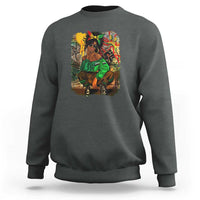 Charcoal crewneck sweatshirt with long sleeves and colorful front graphic print