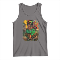 Gray sleeveless tank top with scoop neck and colorful illustrated graphic on front