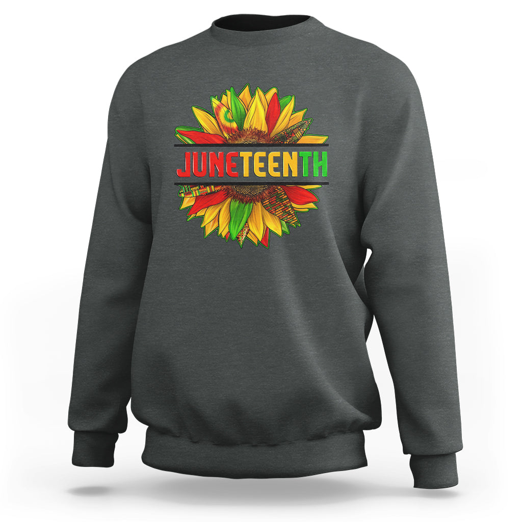 Gray crewneck sweatshirt with colorful Juneteenth sunflower graphic