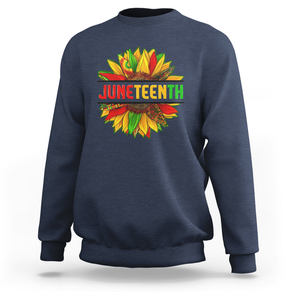Navy crewneck sweatshirt with colorful Juneteenth sunflower graphic