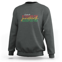 Dark heather crewneck sweatshirt with colorful Celebrate Juneteenth 1865 front graphic