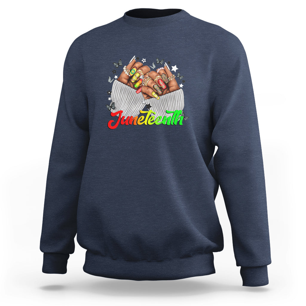 Queen Afro sweatshirt in slate blue with front Juneteenth hands graphic