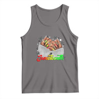 Women's gray graphic tank top with Juneteenth text and butterfly accents