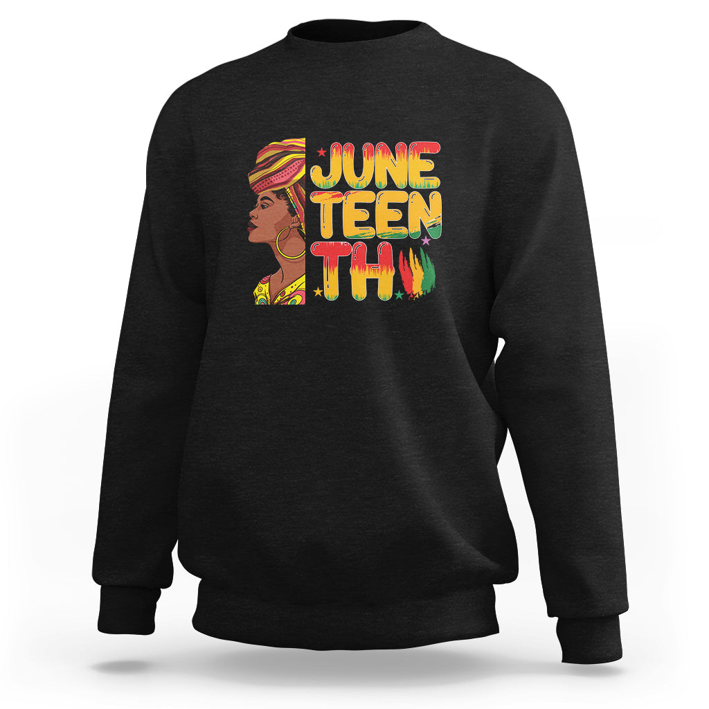 Women's Juneteenth sweatshirt in black with colorful “June Teen Thu” front graphic