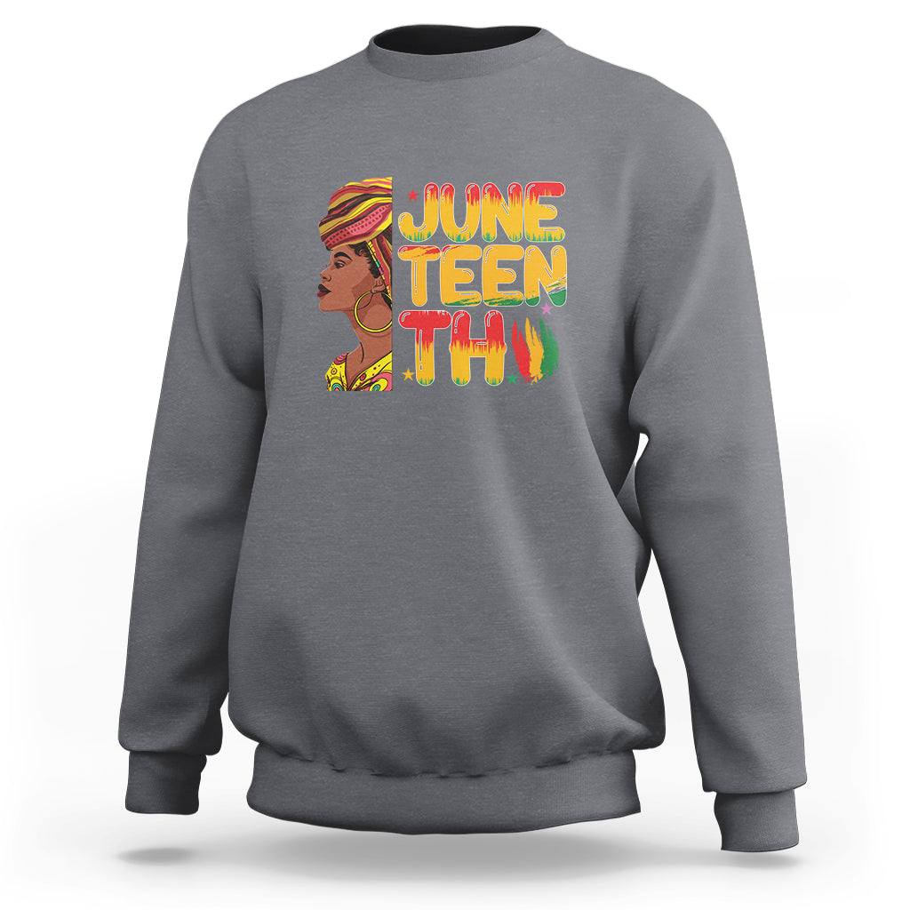 Women's Juneteenth sweatshirt in charcoal gray with colorful “June Teen Thu” front graphic