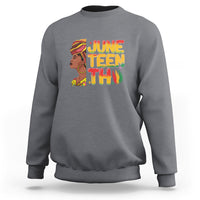 Women's Juneteenth sweatshirt in charcoal gray with colorful “June Teen Thu” front graphic
