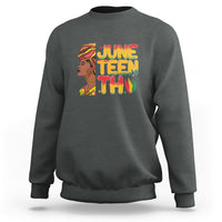 Women's Juneteenth sweatshirt in dark heather gray with colorful “June Teen Thu” front graphic