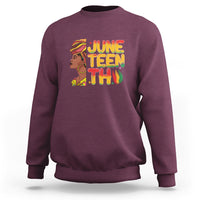Women's Juneteenth sweatshirt in maroon with colorful “June Teen Thu” front graphic