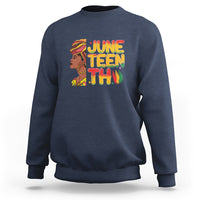 Women's Juneteenth sweatshirt in navy with colorful “June Teen Thu” front graphic