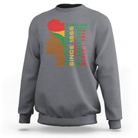 Charcoal heather crewneck sweatshirt with Juneteenth-themed face and text graphic on front