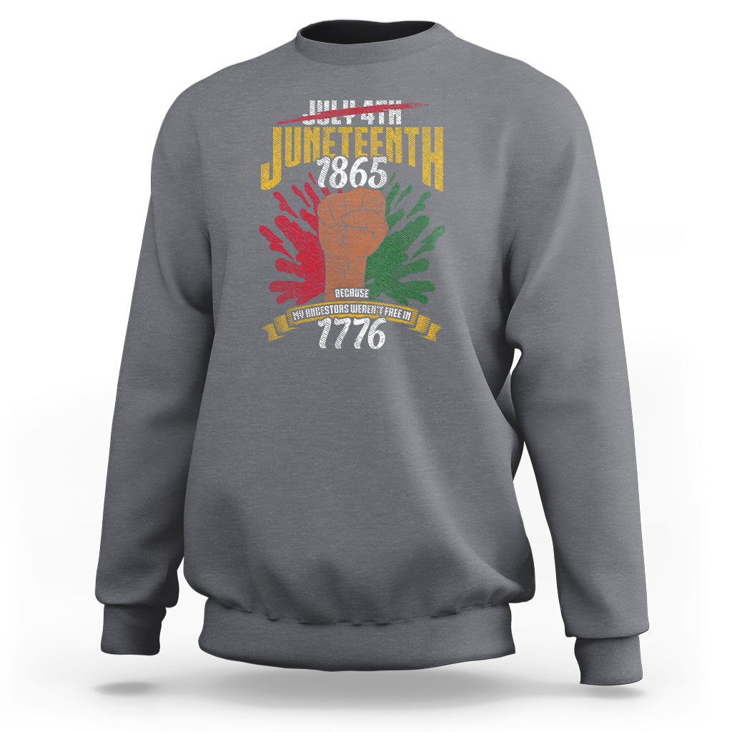 Charcoal heather crewneck sweatshirt with colorful Juneteenth 1865 and 1776 graphic on back