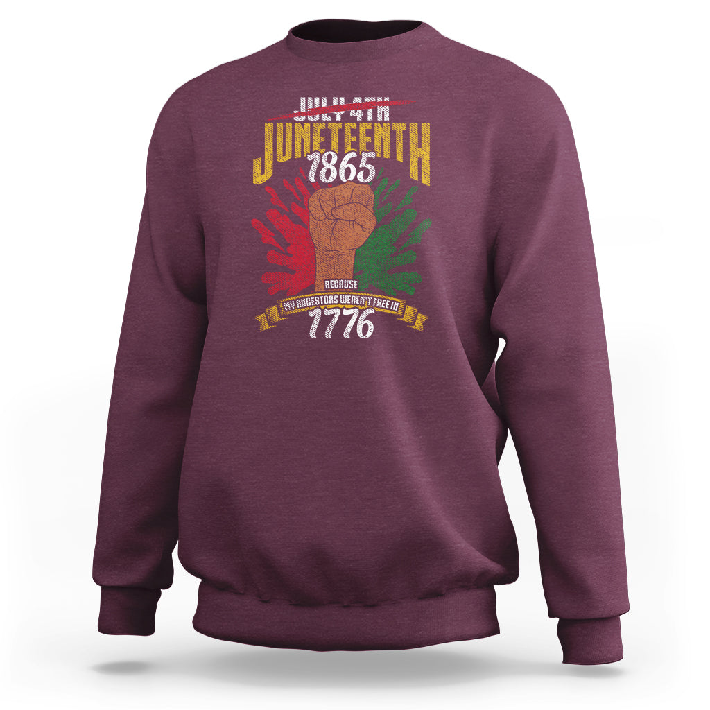 Maroon crewneck sweatshirt with colorful Juneteenth 1865 and 1776 graphic on back