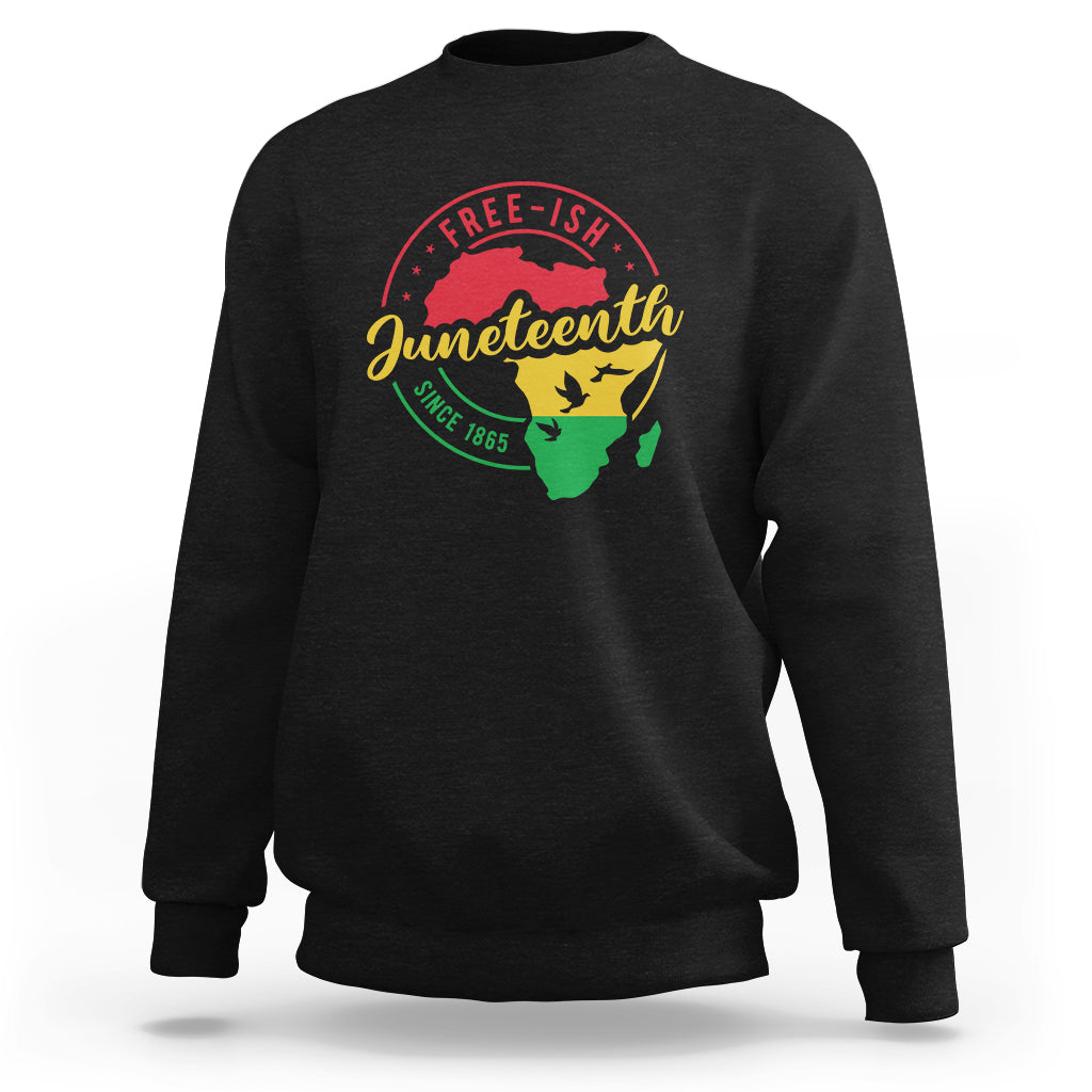 Black crewneck sweatshirt with circular Juneteenth-themed graphic print on back