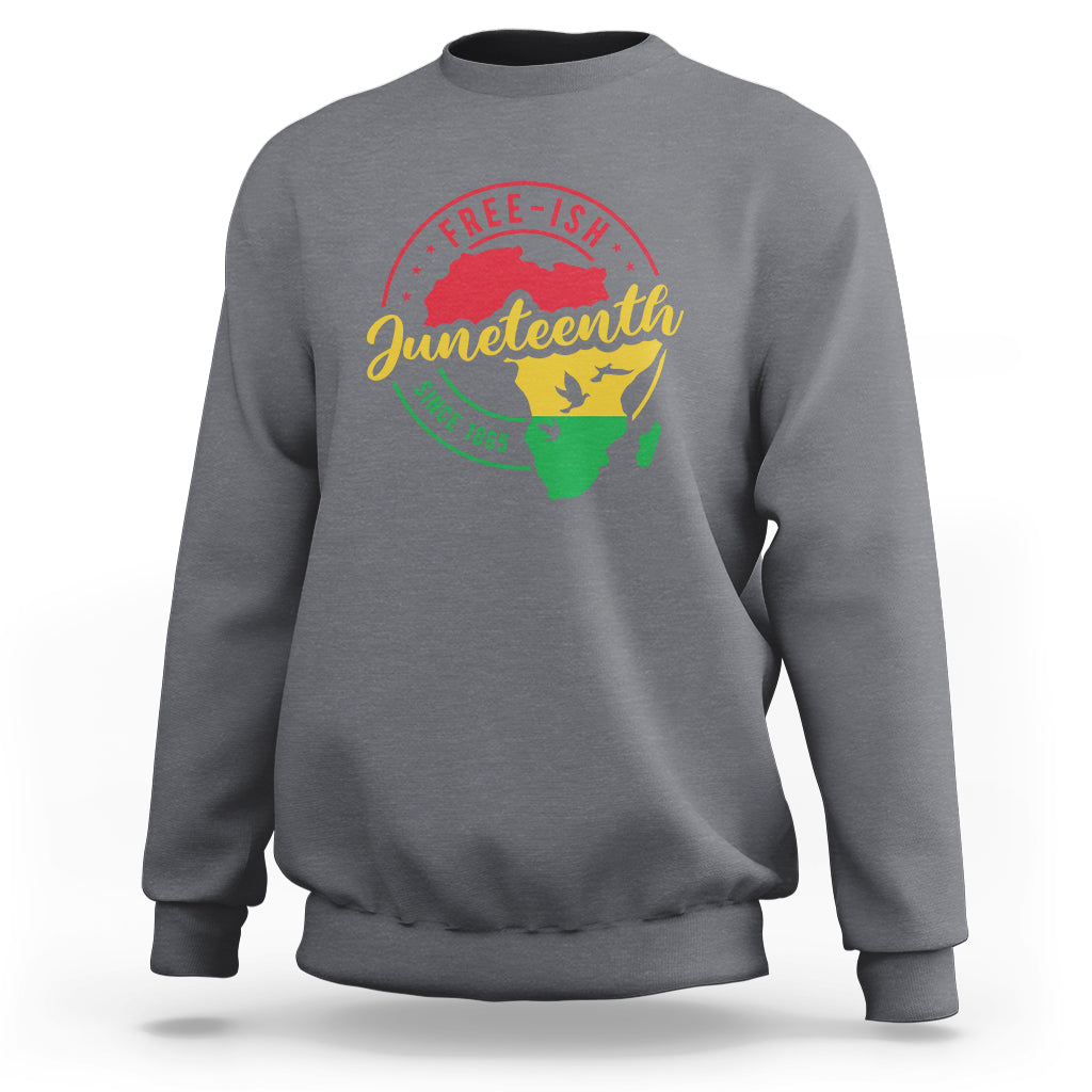 Charcoal gray crewneck sweatshirt with circular Juneteenth-themed graphic print on back